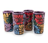 MEXTEQUIL - Talavera Shot Glasses Set of 4 Authentic Mexican Tequila Shot Glasses - Hand-painted - 2 Oz (Black Floral)