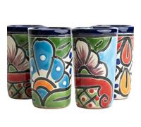 MEXTEQUIL - Talavera Shot Glasses Set of 4 Authentic Mexican Tequila Shot Glasses - Hand-painted - 2 Oz Blue with Green