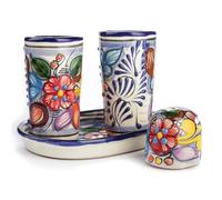 MEXTEQUIL Talavera Tequila Shot Glasses with Tray & Salt Shaker (Set of 2) - Hand-Painted Authentic Mexican Gift Set (Puebla)