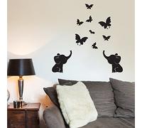 MEYA Baby's Room Nursery Decor Cute Elephant Butterfly Mirror Wall Decal,Cartoon Wall Decal Murals for Home Decoration (Black)