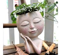 Meyas Cute Lady Face Planters - Indoor/Outdoor Succulent & Flower Pots With Drainage Hole - Resin Material - Perfect Garden Gift - Light Color