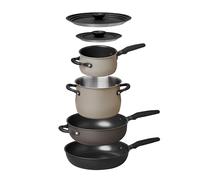 Meyer 6pc Stackable Set with Universal Lids | Hard Anodized Non Stick and Stainless Steel Pots and Pans | Induction Compatible | Dishwasher Safe | Oven Safe | Black & Gray | Accent Series Cookware