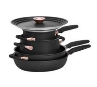 Meyer Accent Induction Hob Pan Set Non Stick - 6 Piece Stackable Pots and Pans Set with Universal Lids & Anti Spill Shape, Black, Stainless Steel & Non Stick