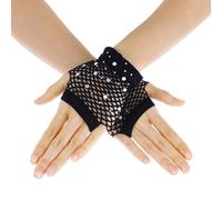 Meyeyaia Black Fishnet Gloves, Short Mesh Fingerless Gloves with Rhinestones, Retro 80 90s Party Cosplay Costume Accessories,Goth Halloween Cosplay, Women's Costume Accessories