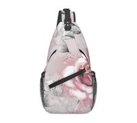 Meymuise Sling Bag, Pink Flowers Watercolor Floral Rose Gray Leaves | Crossbody Backpack with Reversible Shoulder Strap for Men and Women, Outdoors Travel Hiking Climbing Biking