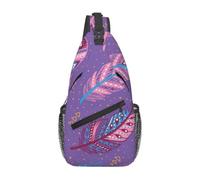 Meymuise Sling Bag, Tribal Feathers In Blue Pink And Purple | Crossbody Backpack with Reversible Shoulder Strap for Men and Women, Outdoors Travel Hiking Climbing Biking