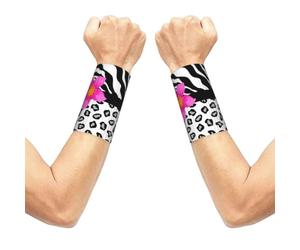 Meymuise Sweat Wristbands, Zebra And Cheetah Skin And Pink Flower | 2 PCS Elastic Compression Sweatbands Moisture Wicking Soft Breathable Wrist Support Arm Bands for Gym Sports Exercise