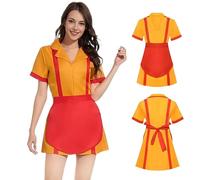 MeYuxg 2 Broke Girls Maid Dress, Maid Outfit Classic Cosplay, Red-Orange Caroline Broke Girls Costume, Waitress Costume Maid Cosplay with Apron, Carnival Costume for Halloween, Theme Parties (XL)