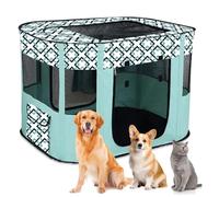 MeYuxg Foldable Dog Fences, Puppy Playpen, Portable Playpen for Puppies, Kittens, Rabbits, L (Checked Green)