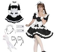 MeYuxg Maid Dress, Anime French Maid Dress, Black Maid Costume with White Stockings, Cute Maid Cosplay Dress, Tie Ruffle Bow Maid, Halloween, Carnival, Role Play (XXXL)