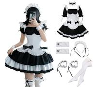 MeYuxg Maid Dress, French Maid Outfit, Black and White Maid Costume with White Stockings, Headband, Neckband, Bracelet, Leg Band, Cute Maid Costume Dress for Halloween, Carnival, Role Play (3XL)