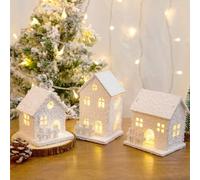 MeYuxg Mini Christmas House Illuminated White Christmas Decoration, Pack of 3 LED Christmas Village Light Houses Light House Wooden Tea Light House Small Windowsill Winter Indoor Decoration Christmas