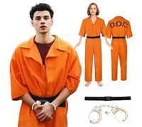 MeYuxg Prisoner Costume, Prison Costume, Orange with Handcuffs and Belts, Prisoner Costume for Men and Women, Orange Jumpsuit Convict Costume for Halloween and Carnival, Party, Cosplay (L)