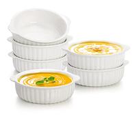 Mezchi 14 oz Porcelain Ramekins Oven Safe, 6 Pack Large Ceramic Creme Brulee Souffle Baking Dishes with Handle, 5 Inch French Onion Soup Bowls for Ramen, Stew, Lava Cakes, Pot Pie, White