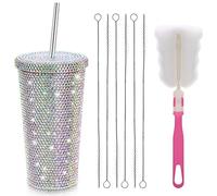 Mezchi 17 Oz Studded Bling Diamond Tumbler, Glitter Tumblers with Lid, Sparkly Stainless Steel Thermal Drinking Water Cup, Rhinestone Tumbler with 1 Pcs Brush 6 Pcs Straw Brushes for Women, Gift