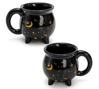 Mezchi 2 Pack Witches Brew Cauldron Mug, 300ml/10 Oz Ceramic Halloween Coffee Cup with Moon Stars, Small Cute Black Spooky Tea Mug for Halloween Gifts