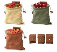 Mezchi 3 Pack Mushroom Foraging Bag,Collapsible Waxed Canvas Bag, Leather Foraging Pouch Basket for Camping, Hiking Hunting, Grocery Storage, 3 Colors