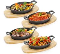 Mezchi 4 Pack Mini Cast Iron Fajita Skillet Set, 21.5 x 15.5cm/8.5 x 6.1“ Sizzling Pan with Wooden Base, Small Oval Casserole Dishes, Cast Iron Pizza Steak Pan for Stove, Oven, Grill