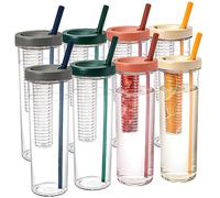 Mezchi 8 Pack Plastic Fruit Infuser Water Bottle with Straw, 27 Oz Reusable Infusion Tumbler Cup, Skinny Lemon Infused Water Bottle for Bike, Camping and Travel, Green, Grey, White, Pink