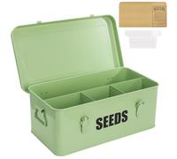 Mezchi Seed Storage Box Organizer with 4 Compartments, Large Metal Seed Packet Container with Handles, Lid & Safety Locks, Garden Seed Bin with dividers for Saving Seeds, 50 Plant Labels, 20 Envelopes