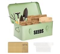Mezchi Seed Storage Box Organizer with 4 Compartments, Large Metal Seed Packet Container with Handles, Lid & Safety Locks, Garden Seed Bin with dividers for Saving Seeds, 50 Plant Labels, 20 Envelopes