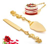 Mezchi Wedding Cake Knife and Server Set, Gold Vintage Rose Cake Cutting Utensils, Cake Slice Set for Bridal Gift, Cakes Cutter Set for Birthday, Party, Anniversary, Valentine's Day, Pizza, Pie