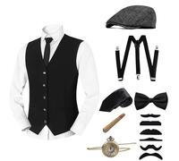 Mezeic 1920s Mens Costume, Peaky Blinders Costume Roaring 20s Costumes for Men Great Gatsby Gangster Vest Bow Tie Newsboy Hat Pocket Watch Suspenders 1920s Mens Outfit Accessories Set - L