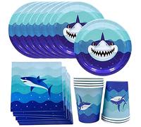 MEZHEN Shark Party Tableware - Paper Plates, Cups & Napkins - Sea Animal Design - 8 People - Blue - Marine Festive - Disposable - Children's Birthday Party Decoration