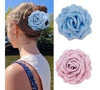 Mezrkuwr 2pcs Rose Flower Claw Clips for Women, 2 Pieces, Large Hawaiian Roses Hair Clips, Flower Hair Clips, Cool Pink + Light Blue