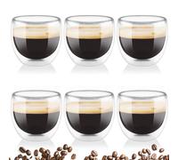 Mezzar 6 x 80 ml Double Walled Glass Coffee Mug Cups, Hand Made, Heat Resistant, for Thermal Glasses for Latte Tea, Matcha, Cappuccino