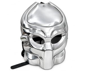 MF DOOM Mask Gladiator Helmet - Silver Chrome Face Armor Replica with Adjustable Leather Strap | Handmade Medieval Mask for Halloween, Cosplay, Hip Hop Rap Fans & Collectors
