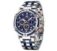 MF MINI FOCUS Business Men Watches (Chronograph/Waterproof/Luminous/Calendar/24 Hours) Big Face Stainless Steel Band Watches for Men, Blue_Silver