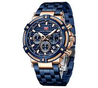 MF MINI FOCUS Business Men Watches (Chronograph/Waterproof/Luminous/Calendar/24 Hours) Big Face Stainless Steel Band Watches for Men, Blue_Golden, Modern