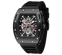 MF MINI FOCUS Men's Tonneau Casual Dress Watch (Hollow/Waterproof/Super Luminous/Calendar) Black Silicone Band, All-Black