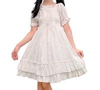 Mfacl Cute Lolita Dress Japanese Summer Women White Lolita Dress Square Collar Lace Up High Waist Princess Dress Cute Dresses (Color : As The Photo, Size : One Size)