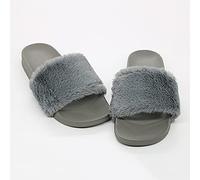 Mfacl Women's Winter Furry Slippers Faux Fur Slides Non-slip Plush Fashion Solid Slippers Fluffy Indoor Flat Flip Flops Women Shoes (Color : Gray, Shoe Size : 6.5)