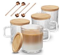 Mfacoy 4 PACK Glass Coffee Mugs with Handle & Spoon, 12 OZ Glass Coffee Cups with Bamboo Lid, Ribbed Glass Cups, Clear Tea Cup for Hot/Cold Beverages, Glassware Set for Americano, Latte, Cappuccino