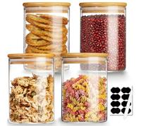 Mfacoy 4 Pack Glass Storage Jars with Airtight Bamboo Lid, 27 OZ Glass Canisters Set with Labels, Glass Food Storage Jar for Kitchen, Clear Container for Candy, Cookie, Coffee Beans, Snacks, Spices