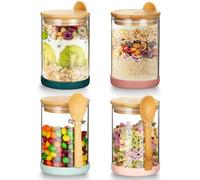 Mfacoy Set of 4 Airtight Glass Jars with Bamboo Lids & Spoons, 17 oz Borosilicate Overnight Oats Containers with Lids, Clear Food Storage Canister for Cookie, Candy, Coffee, Sugar, Matcha Tea, Flour