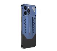 MFAOSHI Aluminum Alloy Case for iPhone 16 Pro Max/16 Pro/16 Plus/16, Luxury Metal Leather Hybrid Case Slim Frameless Heat Dissipation Phone Cover,Blue,16 Pro