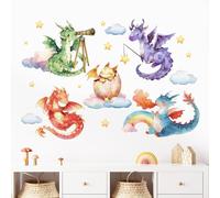 Mfault Baby Dragon Wall Decals Stickers, Watercolor Dragon Eggs Decoration Nursery Kids Bedroom Art, Rainbow Cloud Stars Neutral Toddler Girls Boys Playroom Living Room Decor