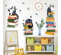 Mfault Cats Reading Books Wall Decals Stickers, Kitty Kitten Neutral | Nursery Decorations Study Classroom Bedroom Art, Plant Leaves Reading Corner Toddler Kids Room Home Decor Gifts