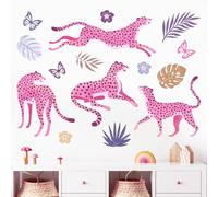 Mfault Pink Cheetah Leopard Wall Decals Stickers, Jungle Animals Palm Leaves Monstera Trendy Cow Girl Teen College Dorm Decorations Bedroom Art, Butterfly Toddlers Kids Nursery Living Room Decor