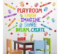 Mfault Playroom Wall Decals Stickers, Inspirational Laugh Imagine Share Dream Create Quotes Nursery Decorations Bedroom Art, Crayon Handprint Neutral Toddlers Kids Room Classroom Decor Gifts