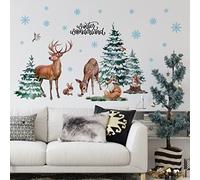 Mfault Winter Christmas Forest Deer Wall Decals Stickers, Xmas Wonderland Pine Tree Animals Elk Squirrel Rabbit Nursery Decorations Kids Bedroom Art, Snowflakes Baby Boys Girls Room Decor
