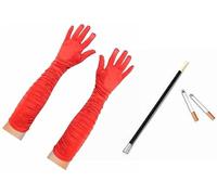 MFD CRUELLA FANCY DRESS LONG RED RUCHED GLOVES WITH CIGARETTE HOLDER & PRETEND CIGARETTES