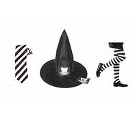 MFD WORST HALLOWEEN WITCH HAT TIE AGE 7-10 YEARS BLACK WHITE STRIPED TIGHTS & STRIVE STICKER SET