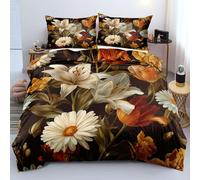 MFDXSD Luxury Floral Bedding Set - White Lily Daisy Flower Duvet Cover Set Double, Reversible Garden Style Blossom/Branch Comforter Cover for Kids Girls Boys Women Room Decor,Black Double
