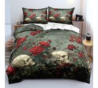 MFDXSD Skulls & Roses Duvet Cover set Double - Gothic Dark Deadly Romance Abstract Floral Skull Bedding Set with Pillowcase - Soft Microfiber Quilt Cover for Halloween Decor Double