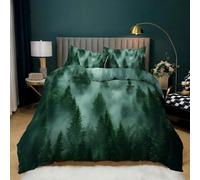 MFDXSD Smoky Mountain Bedding Set, Nature forest Green Pine Trees Comforter Cover Kids Teens Rustic Woodland Landscape Firforest Duvet Cover Set Double Natural Jungle Plants Bedspread Double